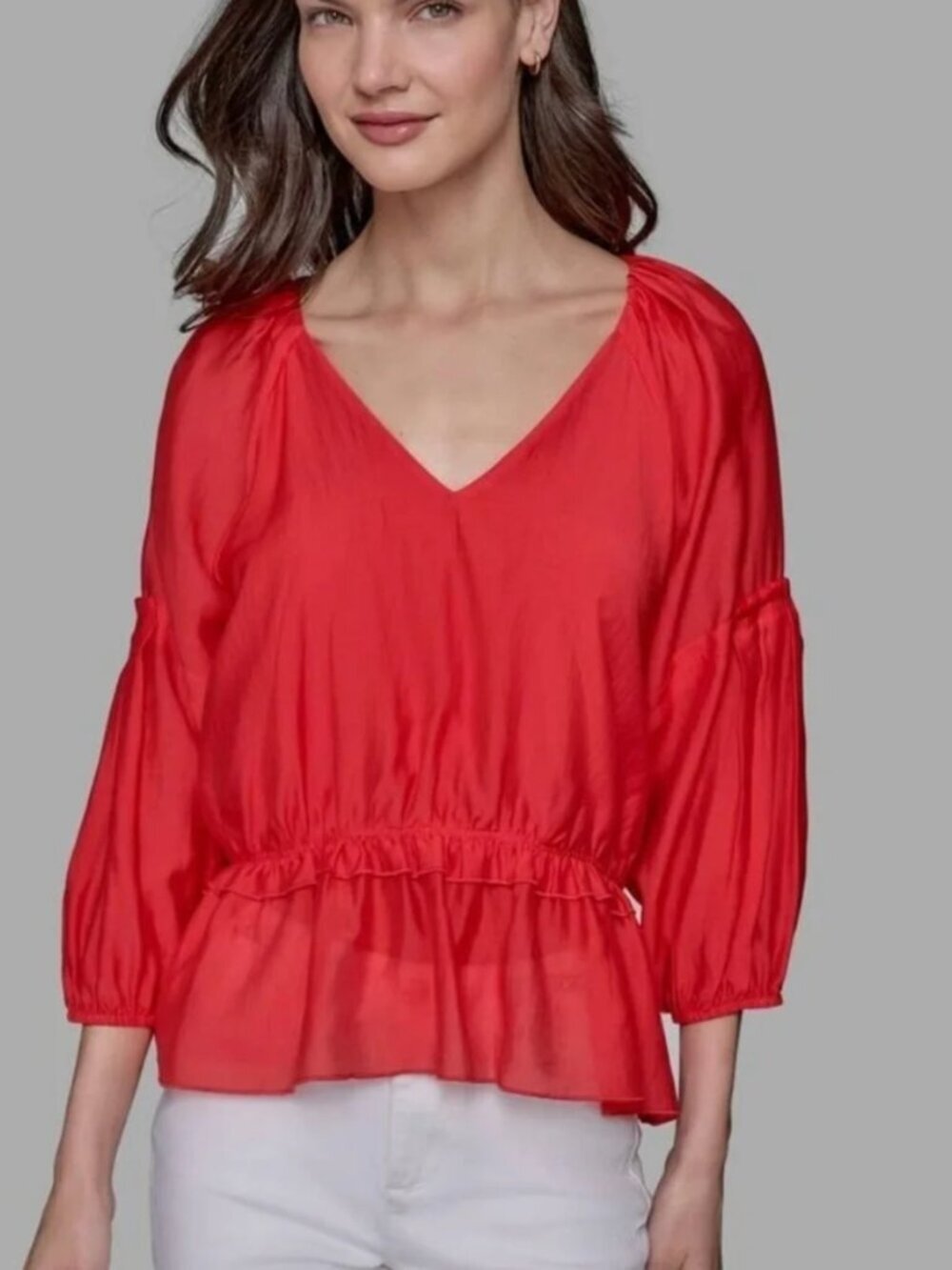 NWT Karl Lagerfeld V-Neck Peplum Blouse in  Bright Apple Red Petite Medium